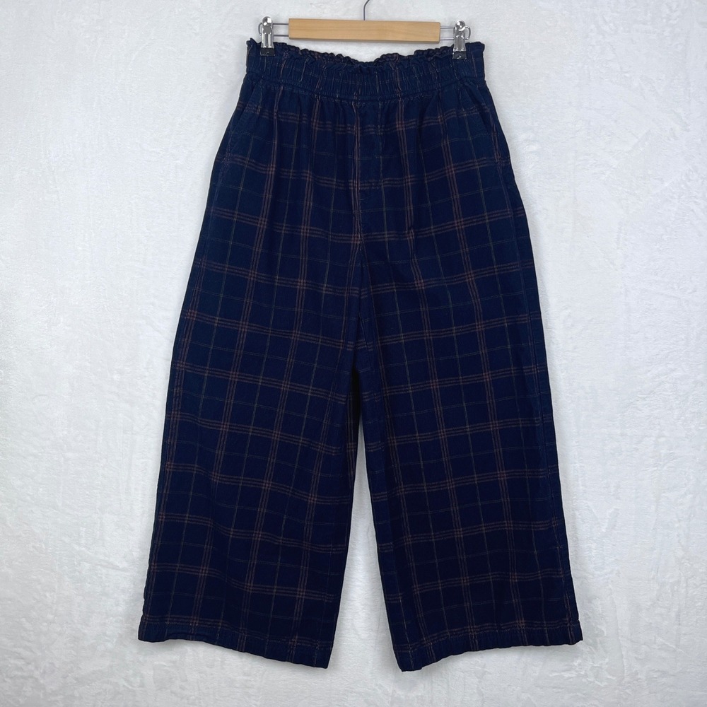Madewell Corduroy Pull-On Wide-Leg Crop Pants Womens S Blue Plaid Windowpane